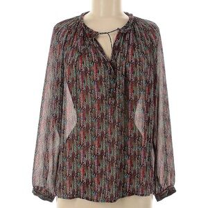 🧋TK Stitch Fix semisheer blouse leaves feathers tie front blue red small petite